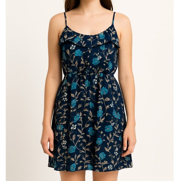 LOFT | Floral Button Front Spaghetti Strap Mini Dress in Navy & Turquoise | 6 - Picture 1 of 13